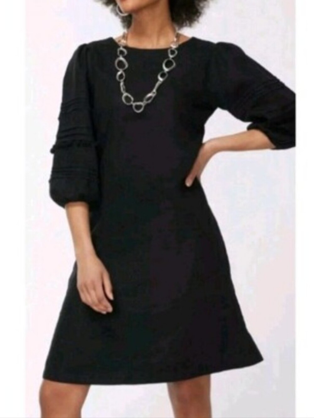 Chico's Black Linen Balloon Sleeves Pom Pom  Shift Dress Minimalist Sz 2.5/ 14